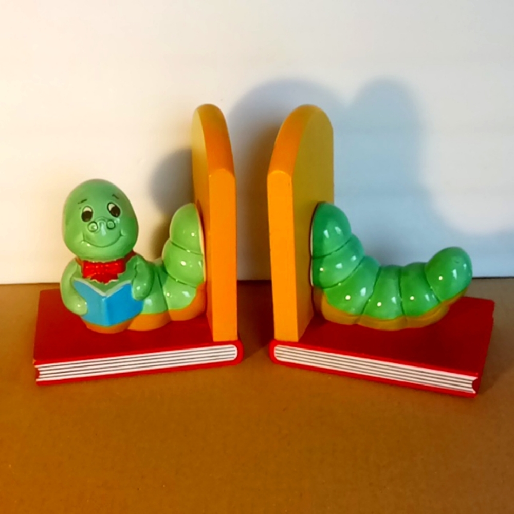 Book Worm Book Ends ~ Wood & Ceramic